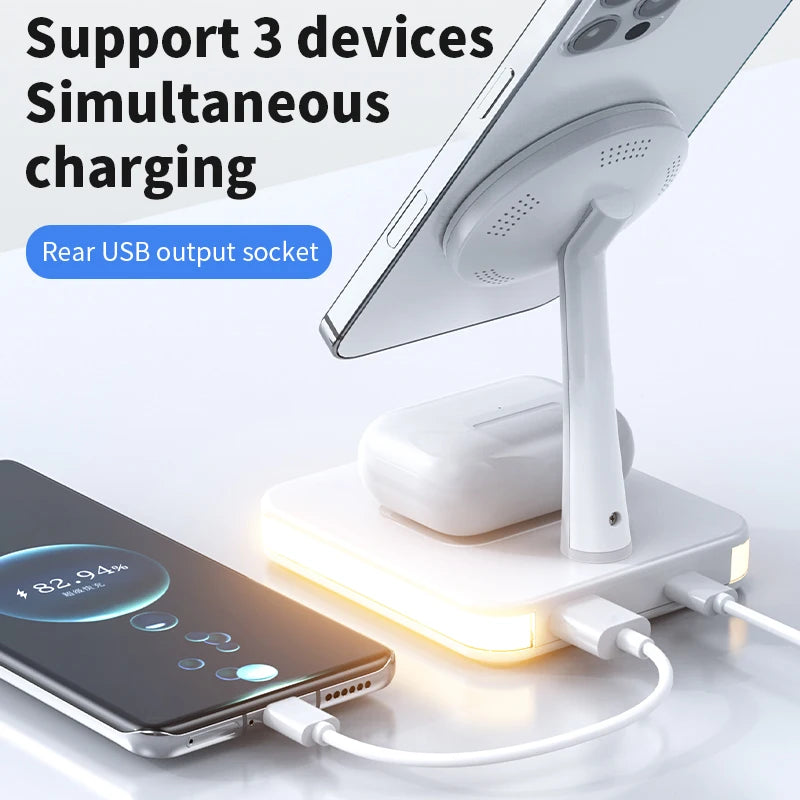 LED Light 3 in 1 Magnetic Wireless Charger Stand Macsafe + USB Port For iPhone 15 14 13 12 Pro Max Airpods Fast Charging Station