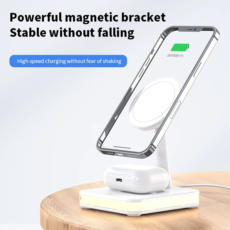 LED Light 3 in 1 Magnetic Wireless Charger Stand Macsafe + USB Port For iPhone 15 14 13 12 Pro Max Airpods Fast Charging Station