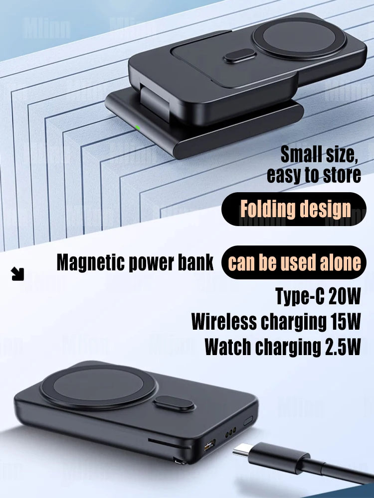 3 in 1 Wireless Charging Station Foldable Fast Charger Stand with Portable Battery