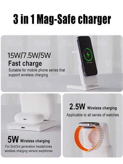 3 in 1 Wireless Charging Station Foldable Fast Charger Stand with Portable Battery