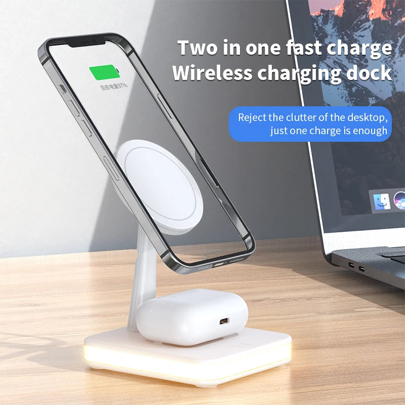 LED Light 3 in 1 Magnetic Wireless Charger Stand Macsafe + USB Port For iPhone 15 14 13 12 Pro Max Airpods Fast Charging Station