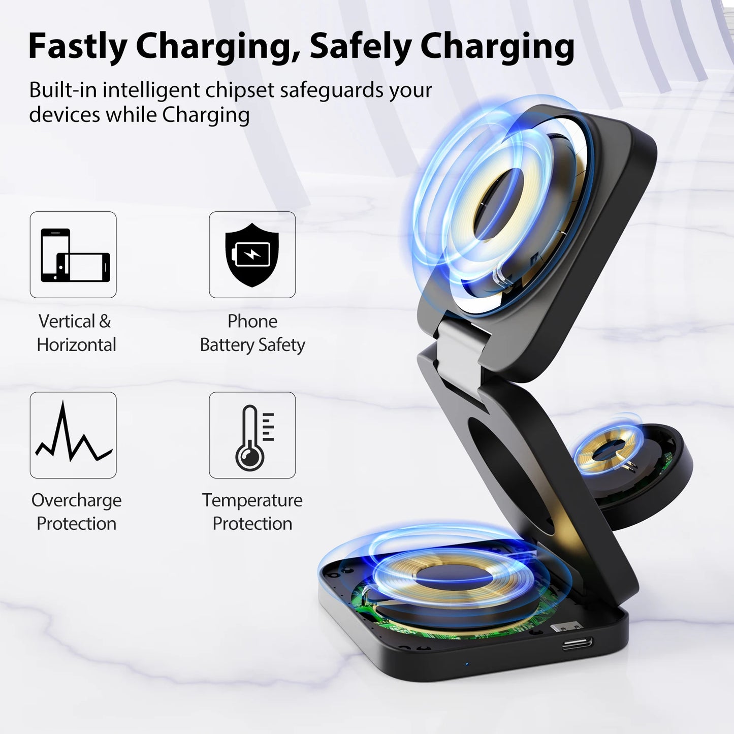 KUXIU 3 in 1 15W Magnetic Wireless Charging Station for iPhone 15 14 13 12 Pro/Max,Apple Watch, AirPods 3/2,Foldable Phone Hold