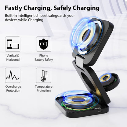 KUXIU 3 in 1 15W Magnetic Wireless Charging Station for iPhone 15 14 13 12 Pro/Max,Apple Watch, AirPods 3/2,Foldable Phone Hold