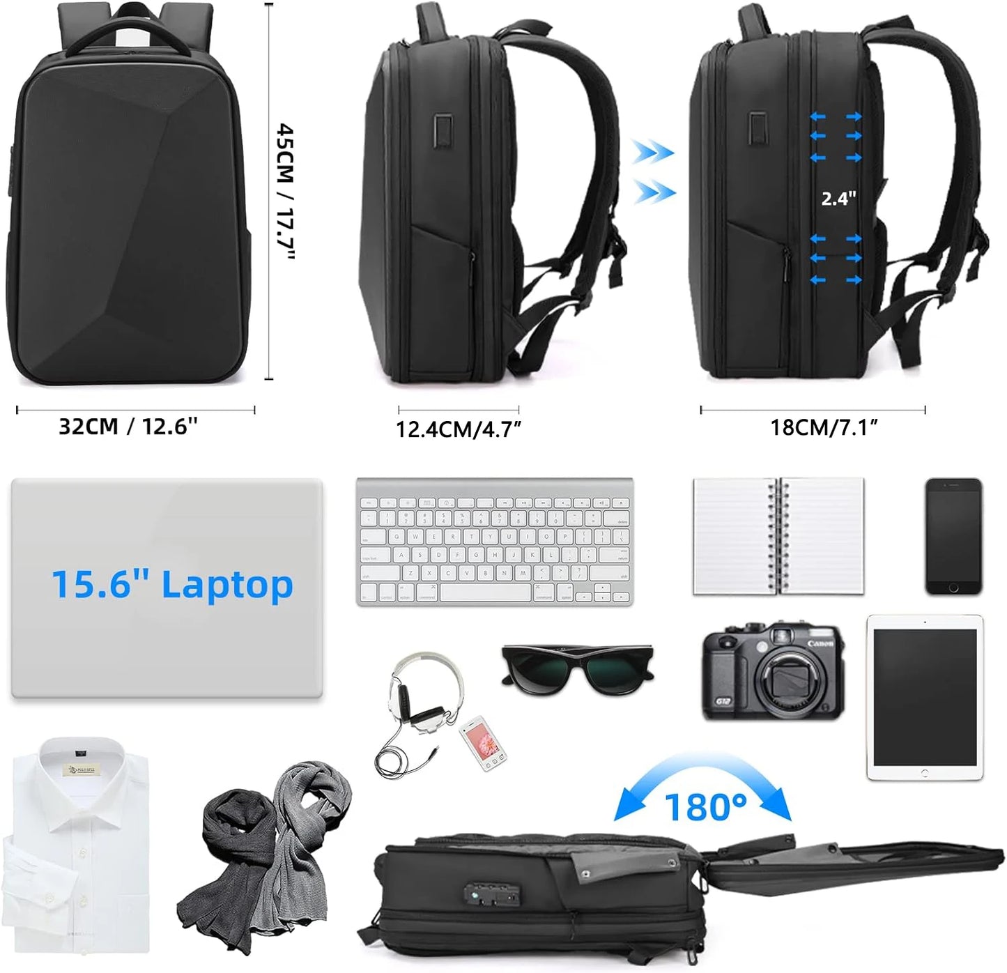 Expandable Travel laptop Backpack men fit 15.6 inch Waterproof Anti-thef Business Bag USB Charging Hard case mochilas de hombre