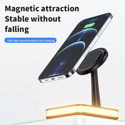 LED Light 3 in 1 Magnetic Wireless Charger Stand Macsafe + USB Port For iPhone 15 14 13 12 Pro Max Airpods Fast Charging Station