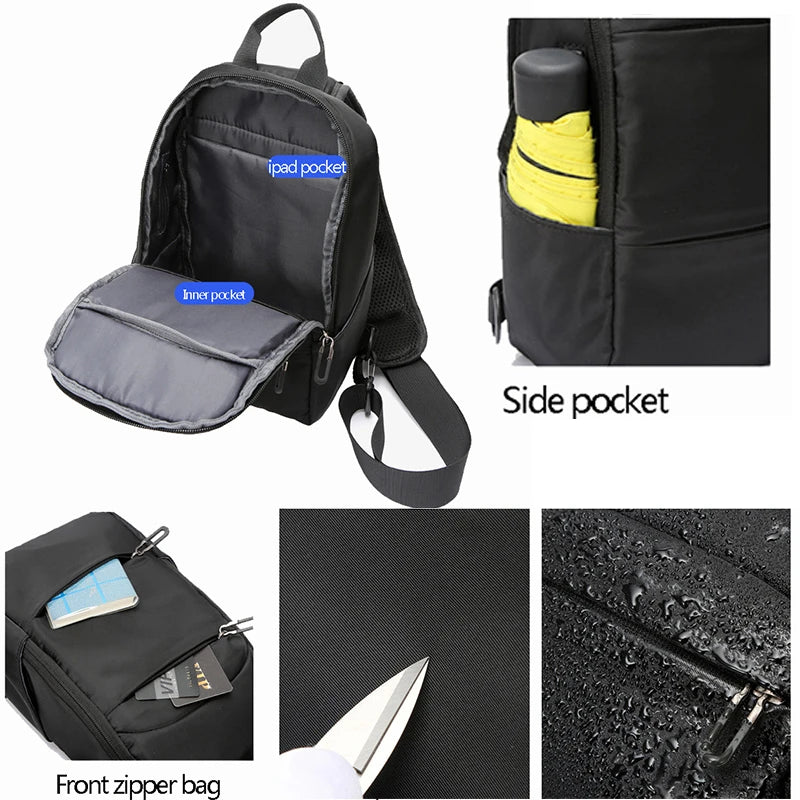 Men's Waterproof USB Multifunction Nylon Crossbody Shoulder Bag Messenger Chest Short Trip Travel Pack for Male