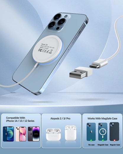 Magnetic Wireless  MagSafe Charger for iPhone 15/14/13/12 Series, AirPods 3/2/Pro - LED Magnet Pad With Dual Charging Ports