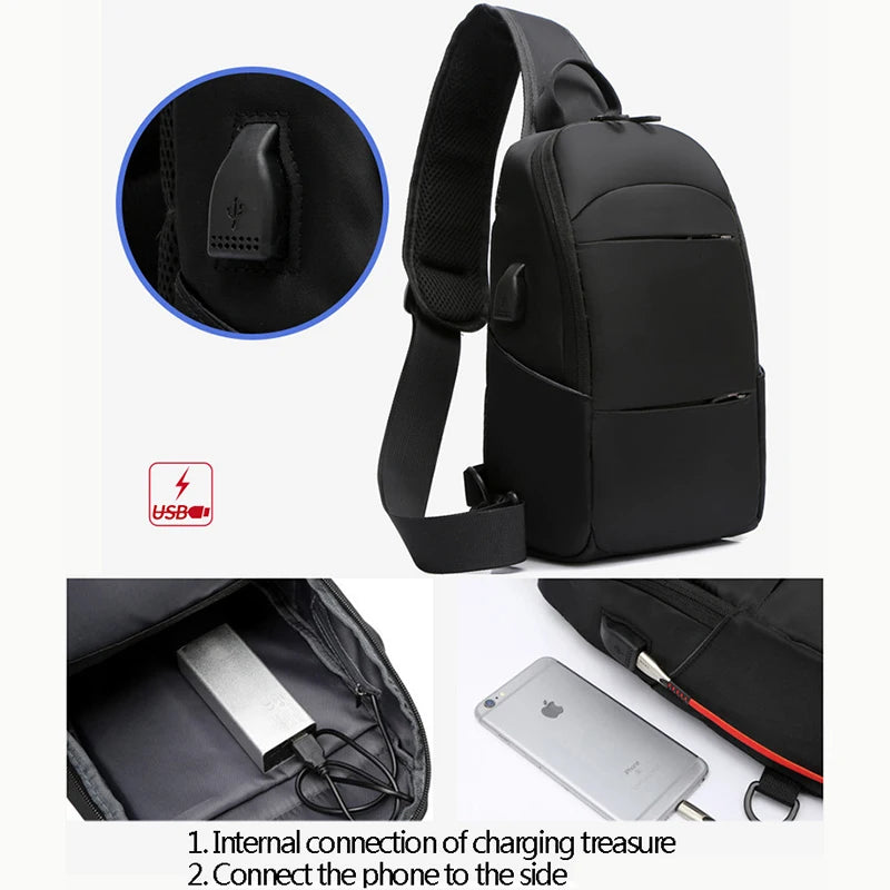 Men's Waterproof USB Multifunction Nylon Crossbody Shoulder Bag Messenger Chest Short Trip Travel Pack for Male